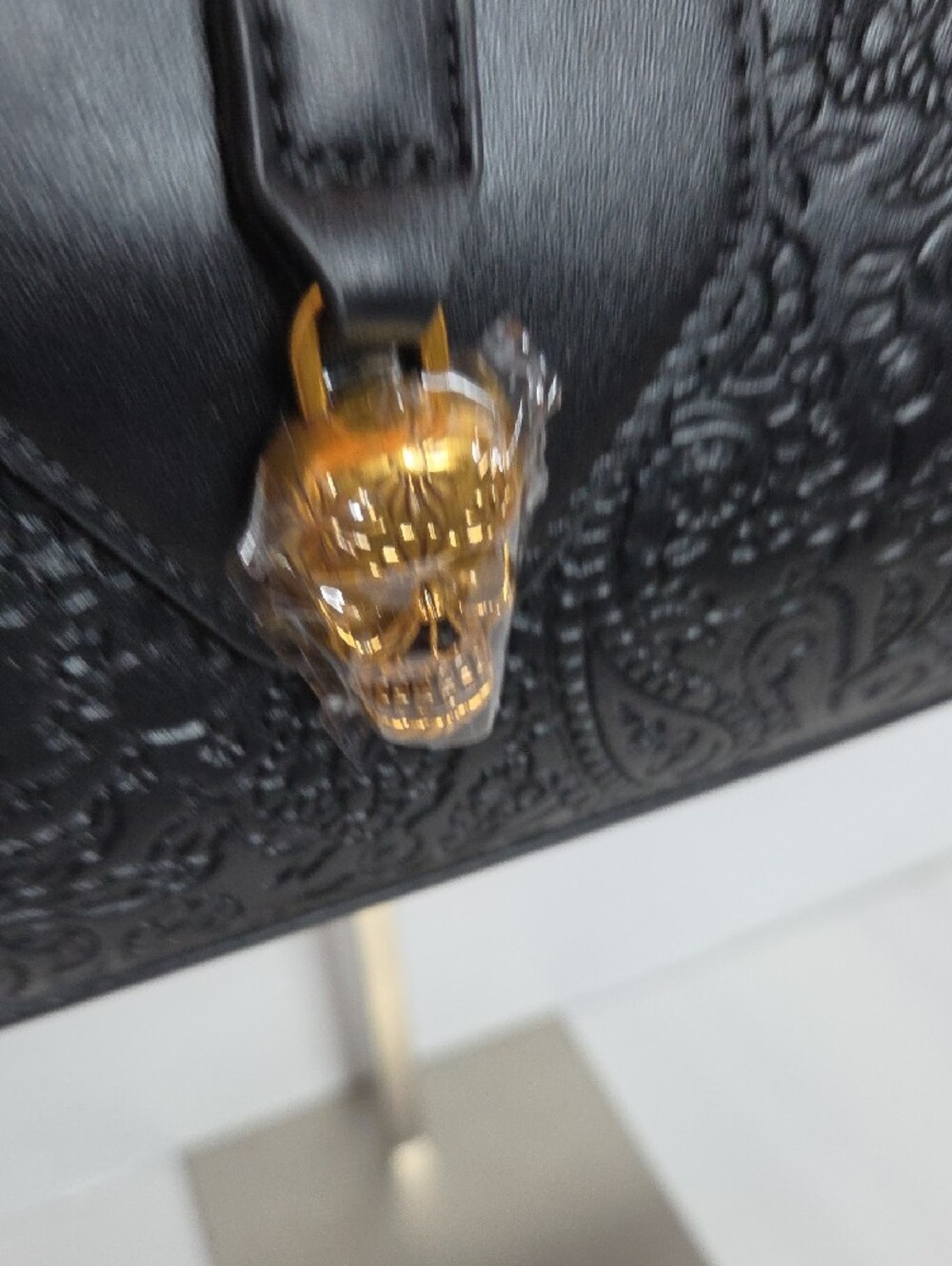 Betsey Johnson Black Embossed Barrel Shoulder Bag with Gold Skull Accent - Picture 3 of 11